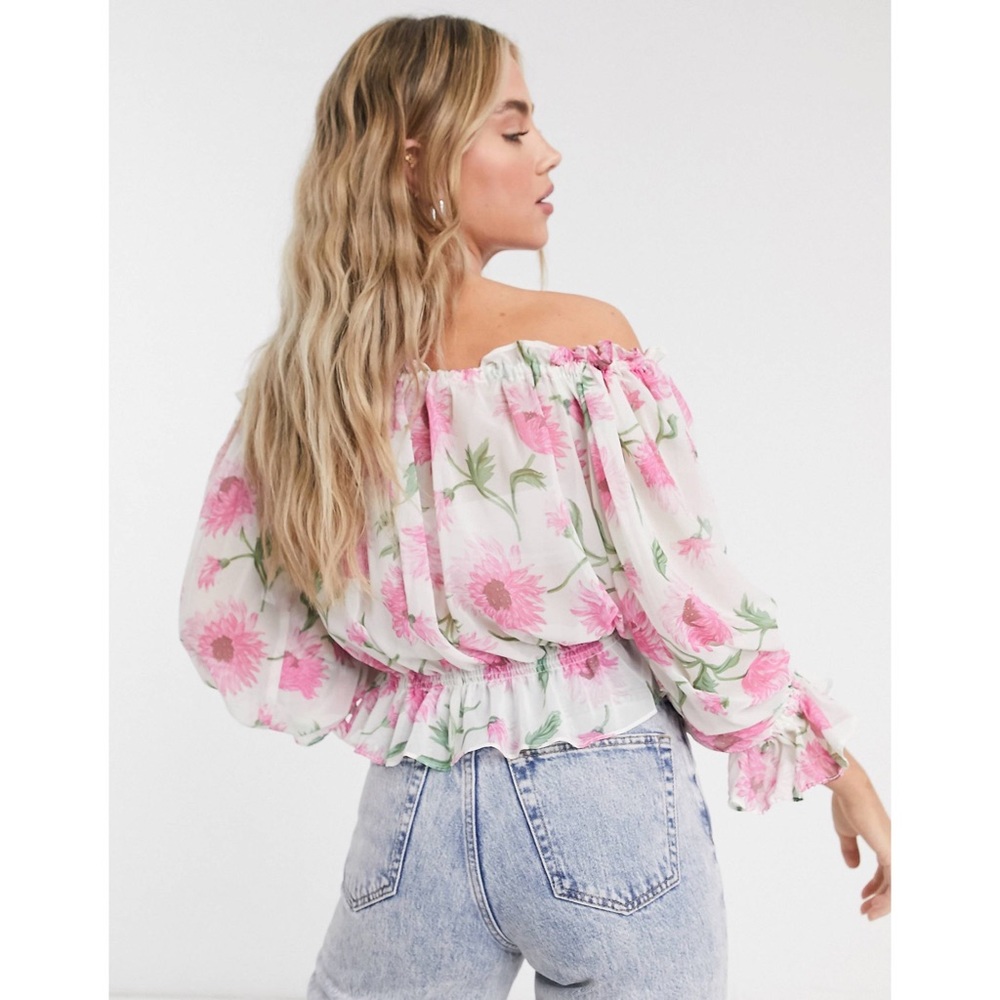 TopShop Off The Shoulder Smock Blouse In Floral Print Size 14 - Picture 2 of 9